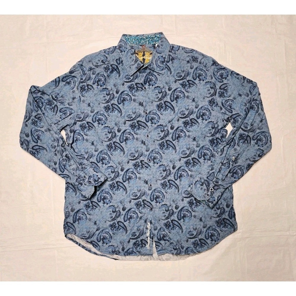 Robert Graham Mens Sz Large Blue Multi Color Paisley Flip Cuff Trim Shirt